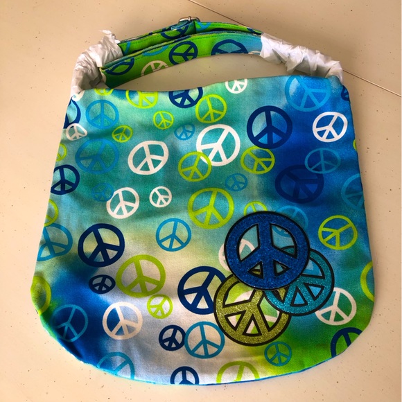 Blue Green Peace Sign Cotton Canvas Crossbody Shoulder Bag Bohemian Hippie Bag - Picture 1 of 14
